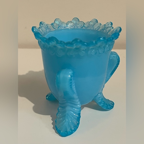 Victorian TOOTHPICK HOLDER VINTAGE BLUE OPALESCENT GLASS FLORAL HOLDER - Picture 3 of 9